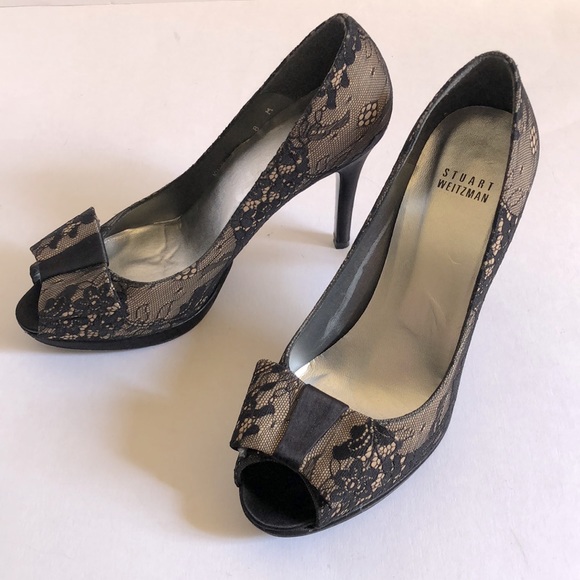 Stuart Weitzman Satin & Lace Peep Toe Pumps - Picture 2 of 9